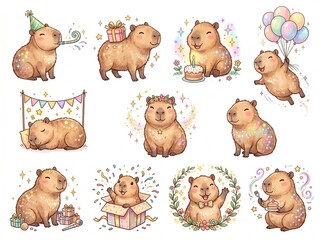 Fototapeta premium Cute Capybara Birthday Sticker Pack Vector Clipart Kawaii Animal Party Celebration With Balloons Cake Gift Box Confetti Magic Sparkles Floral Wreath Graphic Set Isolated On White Background For Printa