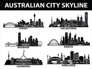 Australian city skylines of Sydney Melbourne Brisbane Perth Adelaide Canberra © VectEdge