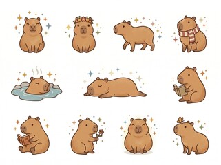 Fototapeta premium Cute Capybara Sticker Pack Kawaii Animal Clipart Vector Illustrations With Magic Sparkles Flower Crown Winter Scarf Hot Spring Bath Sleeping Reading Book Butterfly Graphic Set Isolated On White Backgr
