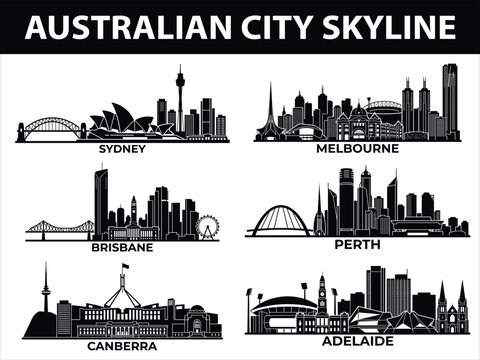 Australian city skylines of Sydney Melbourne Brisbane Perth Adelaide Canberra