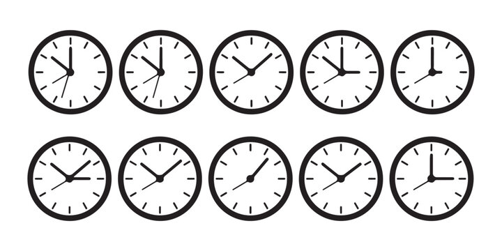 Collection of ten analog clock faces displaying different times on transparent background vector art.