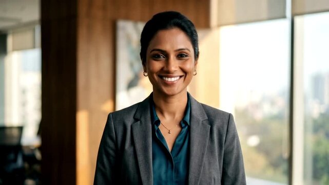 A confident young Indian businesswoman wearing a grey textured blazer over a dark teal shirt stands in a modern corporate office with a large window in the background.