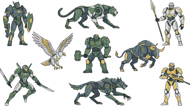 Futuristic Sci-Fi Mecha Warrior and Cybernetic Animal Robot Asset Set with Panther Eagle Bull and Wolf Mechanical Creatures for Video Game Designs