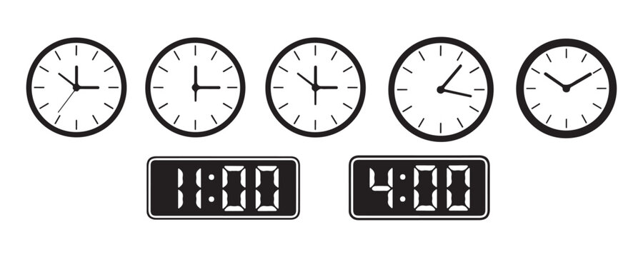 Five analog clocks and two digital time displays showing various times on transparent background.