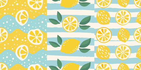 Lemon And Mint Leaf Pattern Bright Yellow And Blue Vector Illustration © Achinta