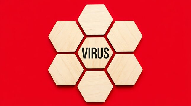 Wooden hexagonal tiles with the word virus written on a red background conceptualizing medical research.