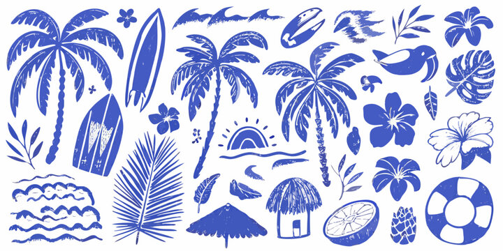 Tropical Beach Illustrations Featuring Palm Trees Surfboards And Hibiscus Flowers