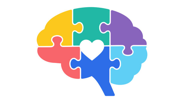 Colorful Brain Puzzle Illustration With Heart Symbol.