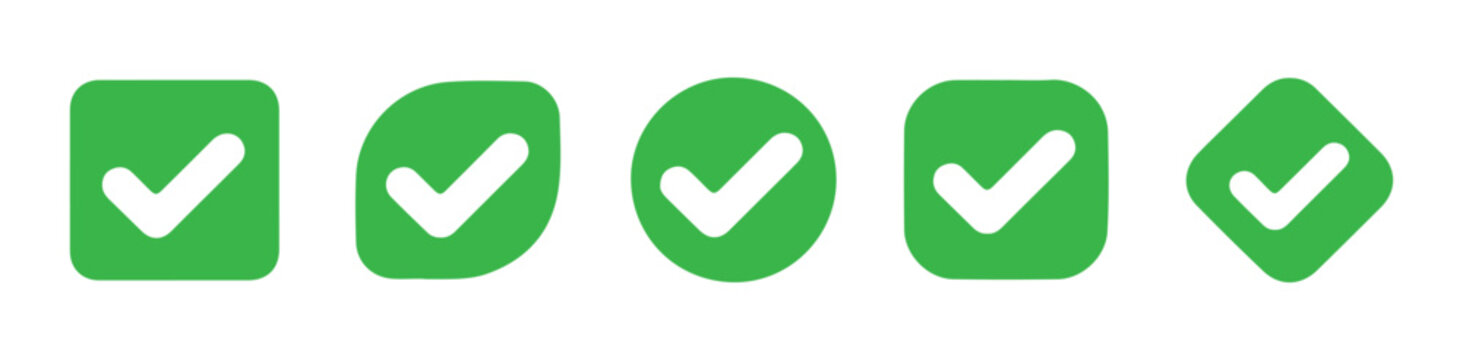 Green check mark vector icons set isolated on transparent background. various shapes of checkmark symbols.