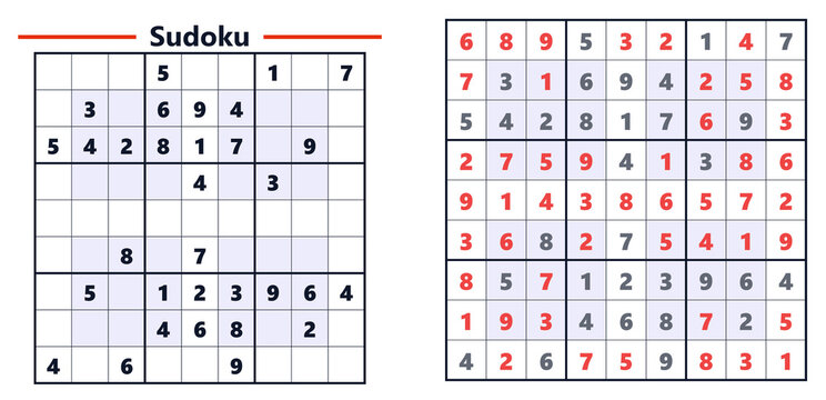 Sudoku puzzle with completed grid and unsolved version on white background  