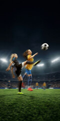 Naklejka premium Women soccer players competing for ball with cinematic motion blur. Concept of women football league, sportswear campaign, training academy, match poster and fitness promotion.