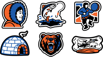 Indigenous Arctic Inuit Culture Badge Set with Angry Grizzly Bear Igloo Ice Fishing Salmon and Shaman Drummer Logos for Athletic Sport Branding Designs © MD SOJIB 
