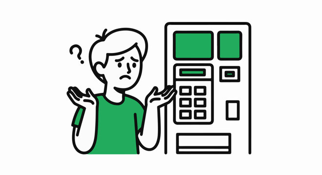 Confused young man using a vending machine interface.