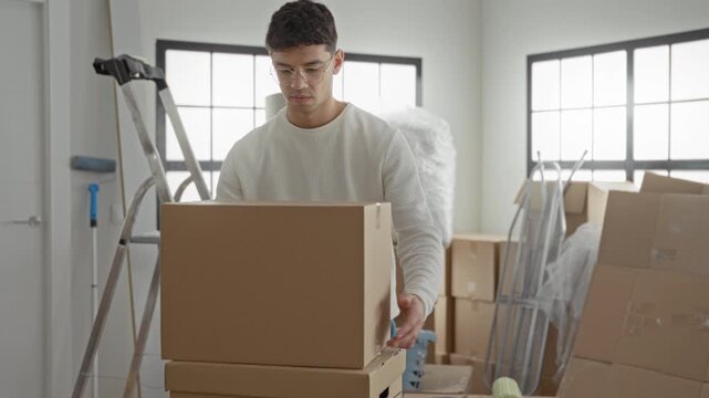 Young man leaning on cardboard box in apartment, resting head on hand while surrounded by stacked moving boxes; tired relocation strain.