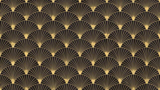 A repeating art deco fan pattern showcases a dark background with golden linear ornamentation geometric lines design decorative vintage retro 1920s
