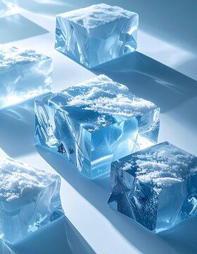 Clear ice cubes on reflective surface.