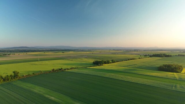 Aerial view of agricultural fields and farmland plain with distant hills at sunset in summer in Poland
