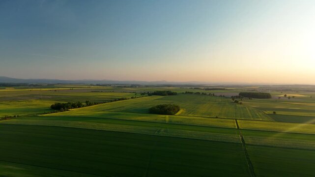 Drone view of farmland patchwork and crop fields stretching to low hills in early morning light