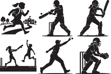 Fototapeta premium Cricket players silhouette collection batting bowling fielding and running isolated on transparent background
