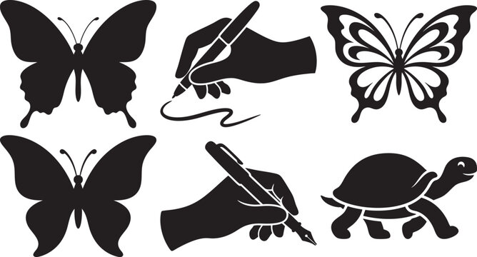 Black silhouette icons butterflies writing hands and turtle isolated on transparent background