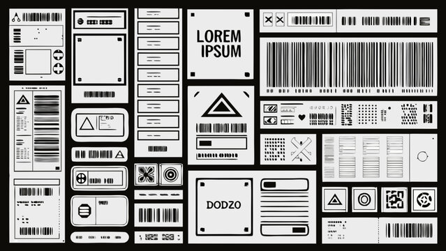 A collection of rectangular labels and data tags in a black and white vector illustration barcode label tag shape information product