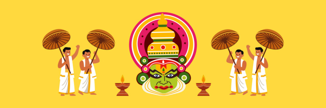 People celebrating Onam with Kathakali dancer mask and wooden umbrella. Kerala traditional folk festival, indian cultural harvest celebration with oil lamp, vector illustration graphic.