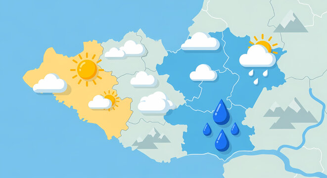Weather map with diverse climate conditions across different regions, featuring sunny skies, cloudy areas, and rain forecasts, indicating varying meteorological patterns