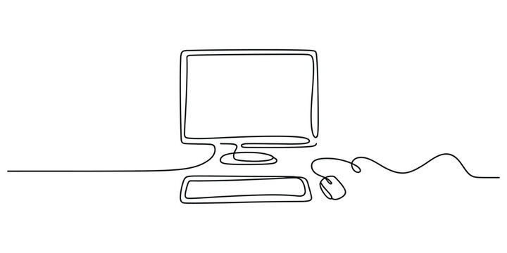 Continuous line drawing of a computer monitor, keyboard and mouse