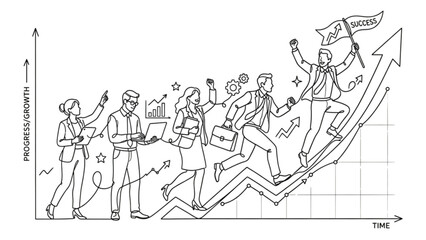 Obraz premium Business Growth & Teamwork Success – Continuous One Line Upward Graph Illustration
