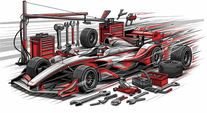 Dynamic Motorsport Racing Car in Pit Stop with Mechanic Tools Illustration