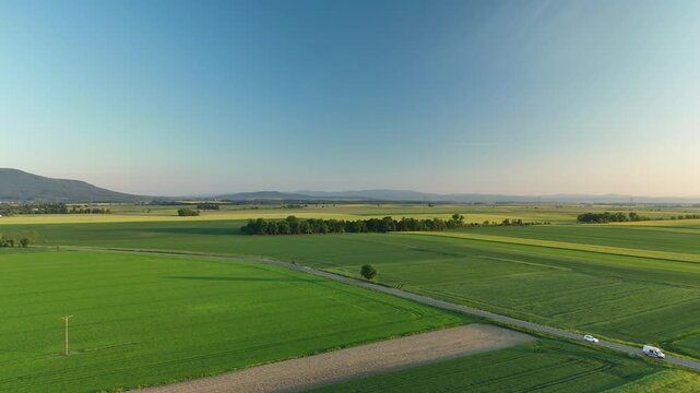 Aerial view of green agricultural fields and farmland plain with a road and distant hills at sunrise in summer