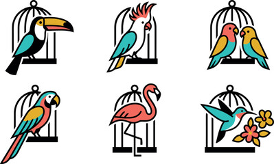 Minimalist Tropical Bird and Cage Logo Set with Toucan, Cockatoo, Macaw, Flamingo, and Hummingbird Elements for Creative Branding and Graphic Designs © MD SOJIB 