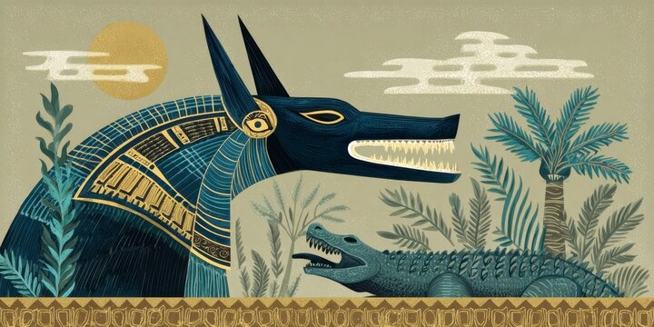 egyptian retro poster of anubis devouring a crocodile