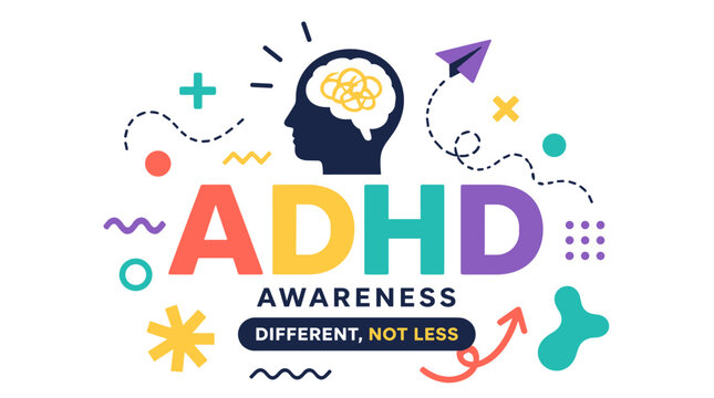 Colorful ADHD awareness brain illustration and symbol.