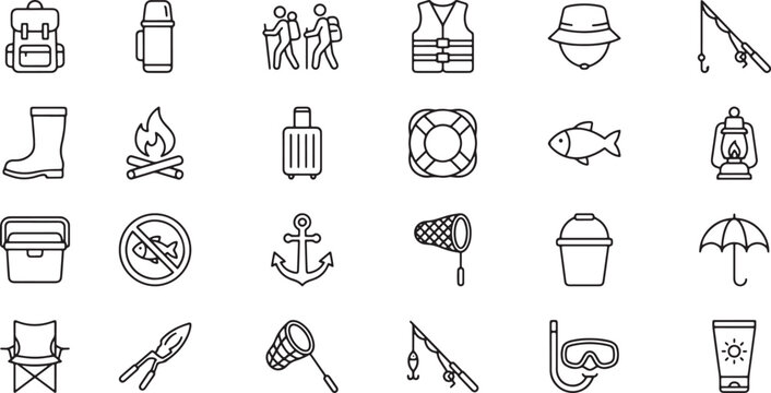 Camping and Fishing Equipment Line Icons Set &ndash; Hiking, Boating, and Outdoor Recreation Vector Elements