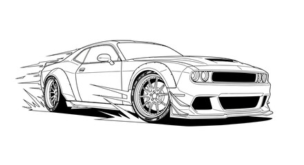 Fototapeta premium Modern muscle car illustration, dynamic lines, speed effect, black ink art on white background