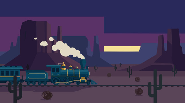 Flat design illustration of a steam train in a Western desert at sunset