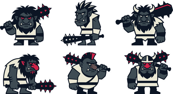 Dark Fantasy Ogre and Orc Warrior Character Set with Spiked Clubs and Horned Helmets for Video Game Enemies, Animations, and Graphic Designs