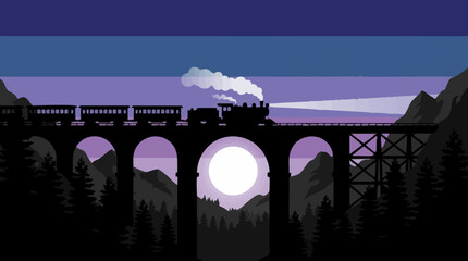 Steam train on a viaduct in a dramatic moonlit mountain landscape © Creative Layer