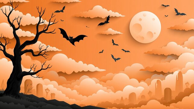 Paper cut art style spooky halloween landscape with bare dead tree full moon flying bats and graveyard against bright orange cloudy sky background