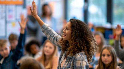 Fototapeta premium STEM class female teacher educating ecology to elementary school students in classroom, diverse kids raising hands to give answer, smart girl going to board and presenting