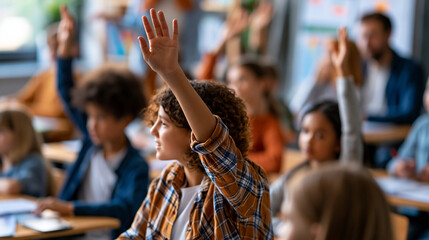 Fototapeta premium STEM class female teacher educating ecology to elementary school students in classroom, diverse kids raising hands to give answer, smart girl going to board and presenting