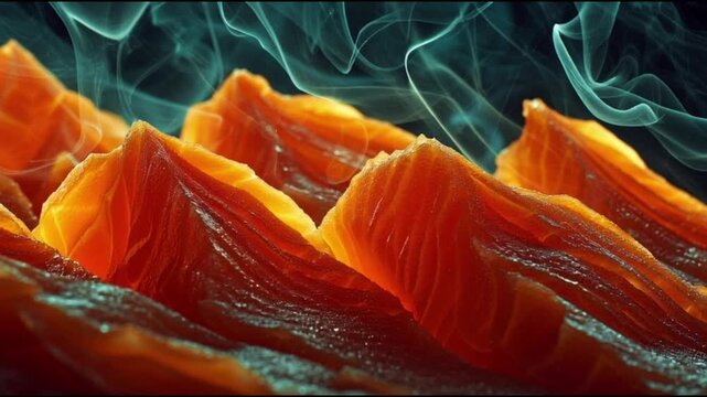 Captivating close-up of vibrant smoked salmon slices, glowing warmly with wisps of smoke, highlighting rich texture and gourmet culinary appeal