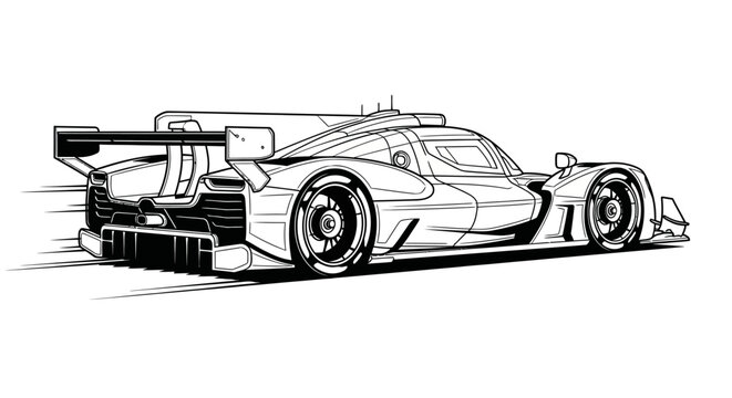 Dynamic line art illustration of an extreme aerodynamic racing vehicle, showcasing its high-performance design and speed with intricate details in monochrome style