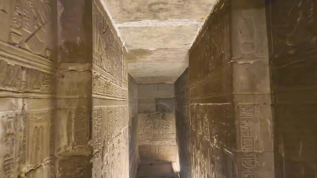 Beautiful bas-reliefs and ancient hieroglyphs from the Dendera Temple Complex, Qena, Egypt.