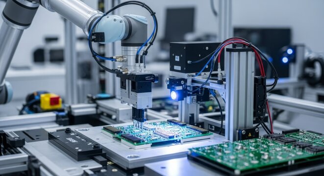 Advanced robotic arm meticulously assembling electronic circuit boards in a modern industrial factory.