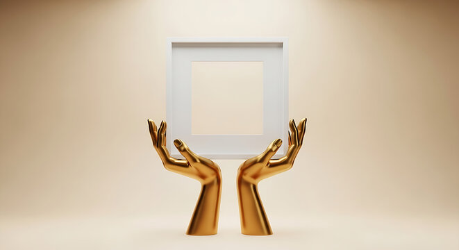Golden Hands Holding Blank White Square Frame.