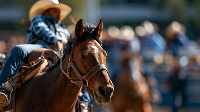 Closeup bareback bronc rider leaning backward while horse bucks aggressively in rodeo arena, western sport, athletic performance, dangerous competition, dynamic action, outdoor