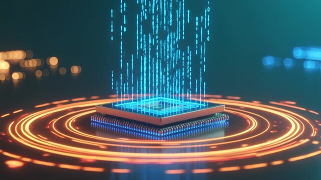 Microchip, artificial intelligence and data processing with binary code for cloud computing, machine learning and cyber security. CPU, technology and processor with circuit board for server power