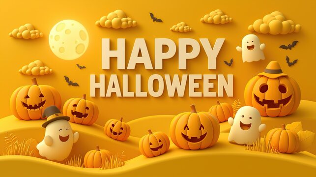 Cute playful 3d happy halloween landscape with smiling carved pumpkins friendly ghosts full moon soft clouds and flying bats on warm bright yellow background